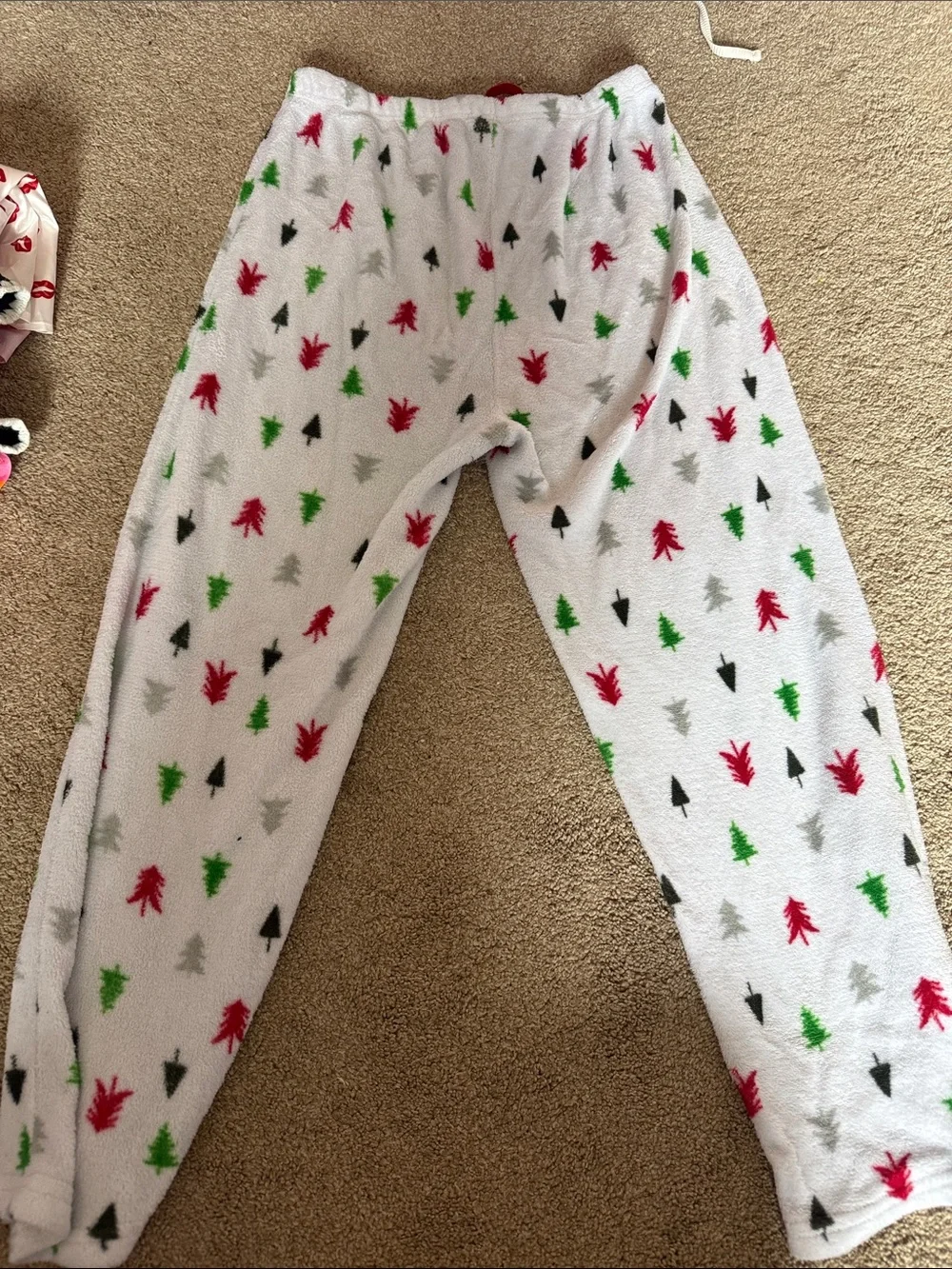 Cozy White Kids Holiday Fleece Pajama Pants with Red & Green Tree Print